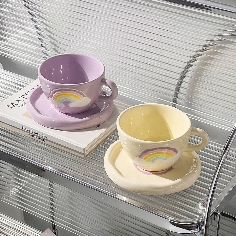 Creative Hand Pinched Ceramic Coffee Cup And Saucer Set Exquisite Porcelain Tea Mug For Daily Use With Handle Rainbow Pattern