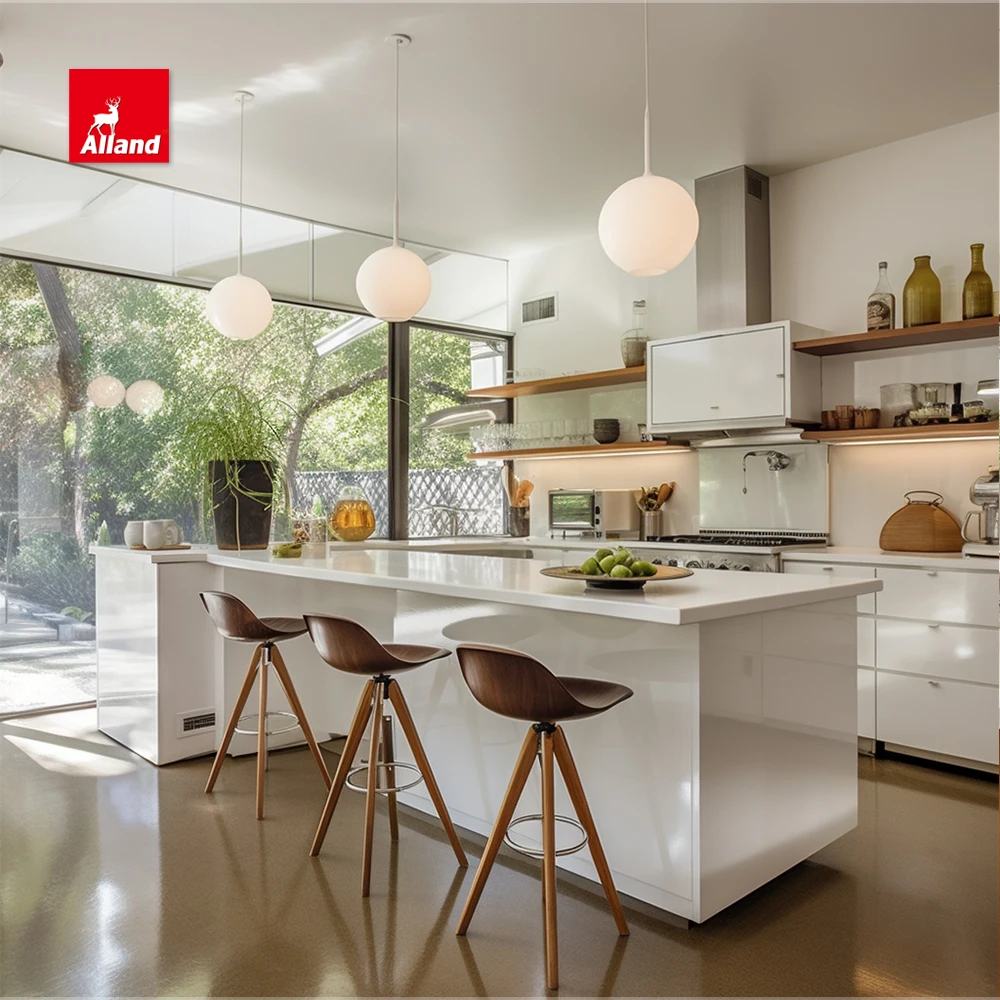 China Good Price Modern Flat Style White High Gloss Matte Lacquer MDF Plywood Handleless Kitchen Cabinet with Countertop Island