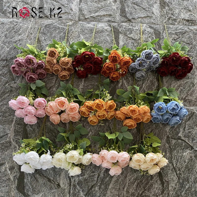 Wholesale Wedding Decoration Bulk Artificial Red White Flowers Roses Silk Real Touch 7 Heads Artificial Roses Bunch Bouquet