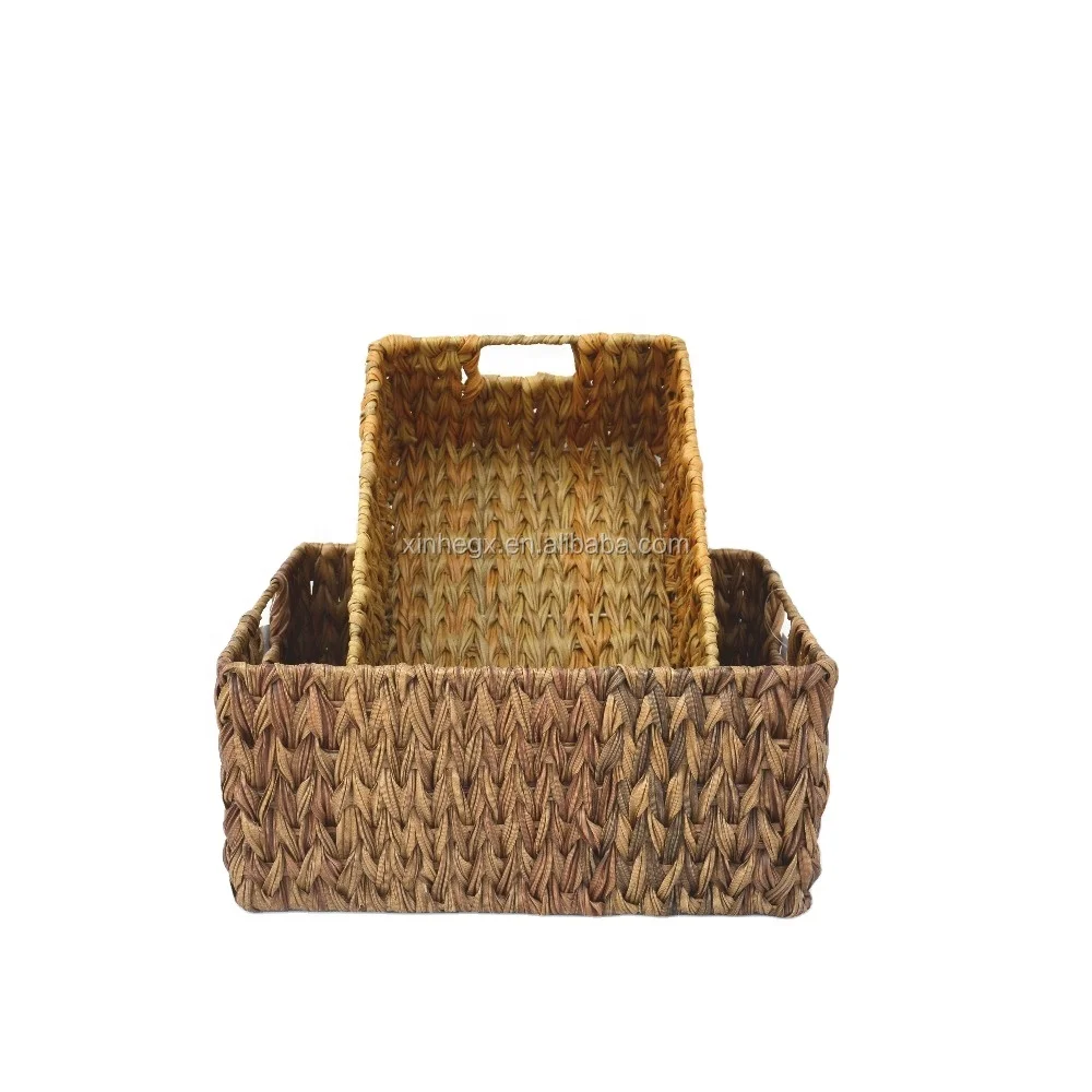 XH set of 2 rectangular brown woven plastic wicker rattan woven storage basket with inside handle