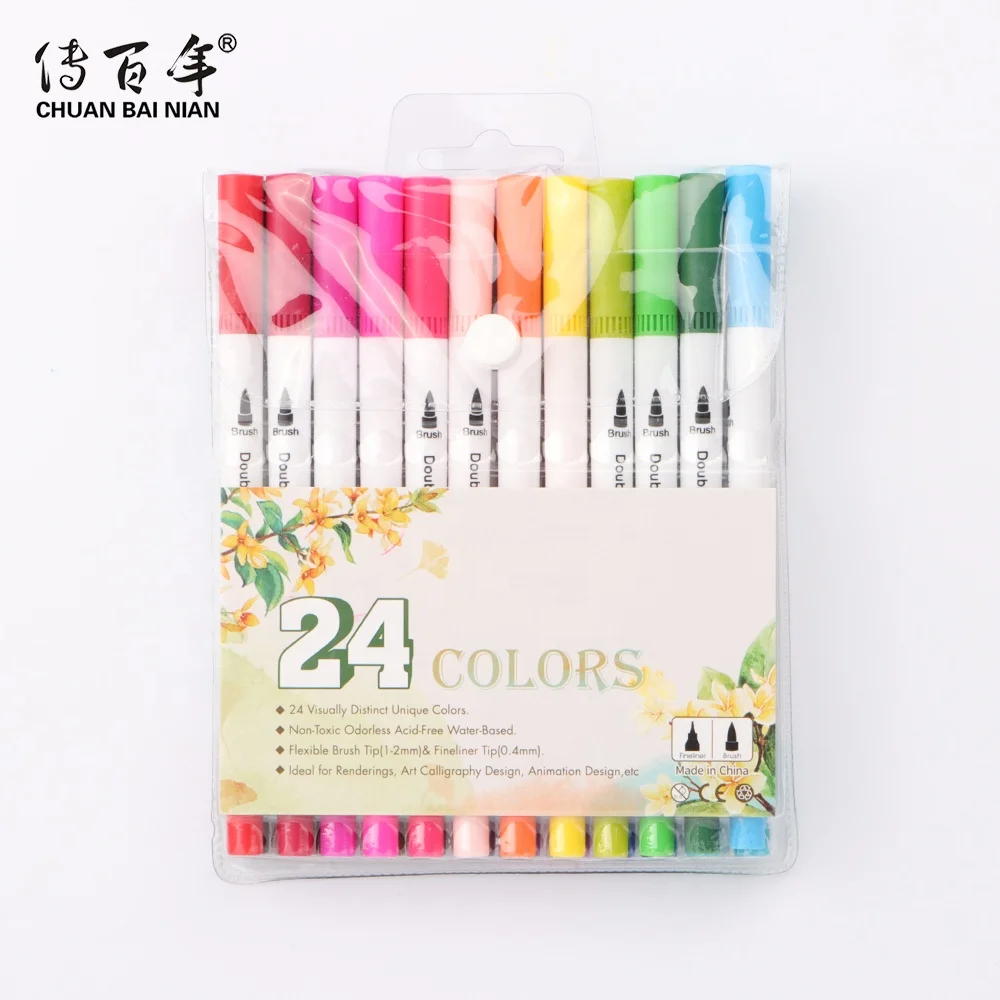 Good Quality Eco-friendly 48 Colors Water Based Dual Tip Brush Pen with Fineliner