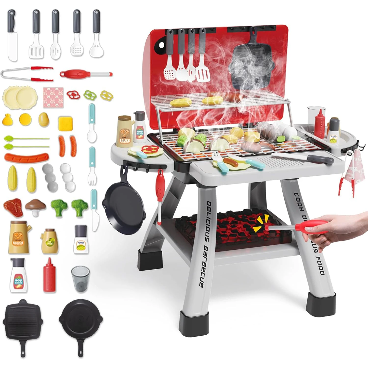 Barbecue Grill Toy Set Kids BBQ Kitchen Toys with Smoke Sound Light Simulation Camping Cooking Interactive Pretend Play Food Toy