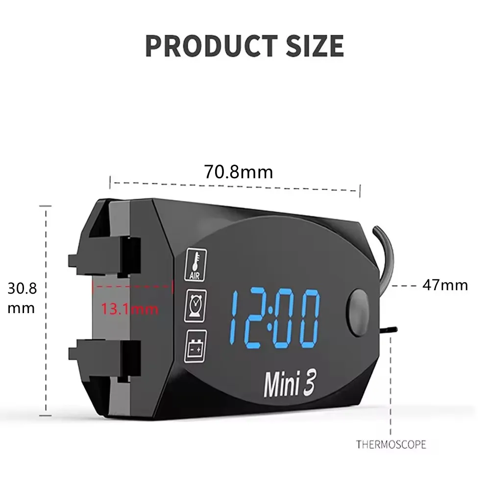 DC 6V-30V 3 In 1 Multifunction Digital Time Clock + Thermometer +Voltmeter LED Display Motorcycle Waterproof IP67 for Car Boat