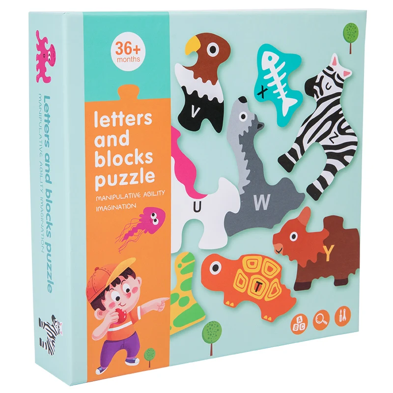 Wooden Cartoon Building Blocks Educational Children Play Shape Matching Toy Letter Blocks Puzzles