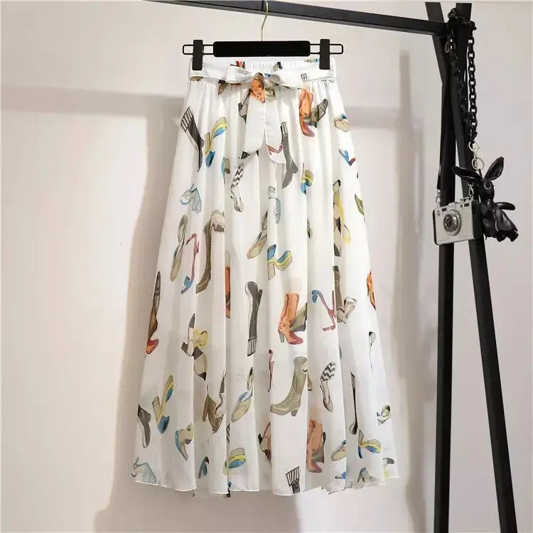 holiday beach dress spring and summer women significantly lanky waist skirt printed chiffon skirt,latest long skirt design