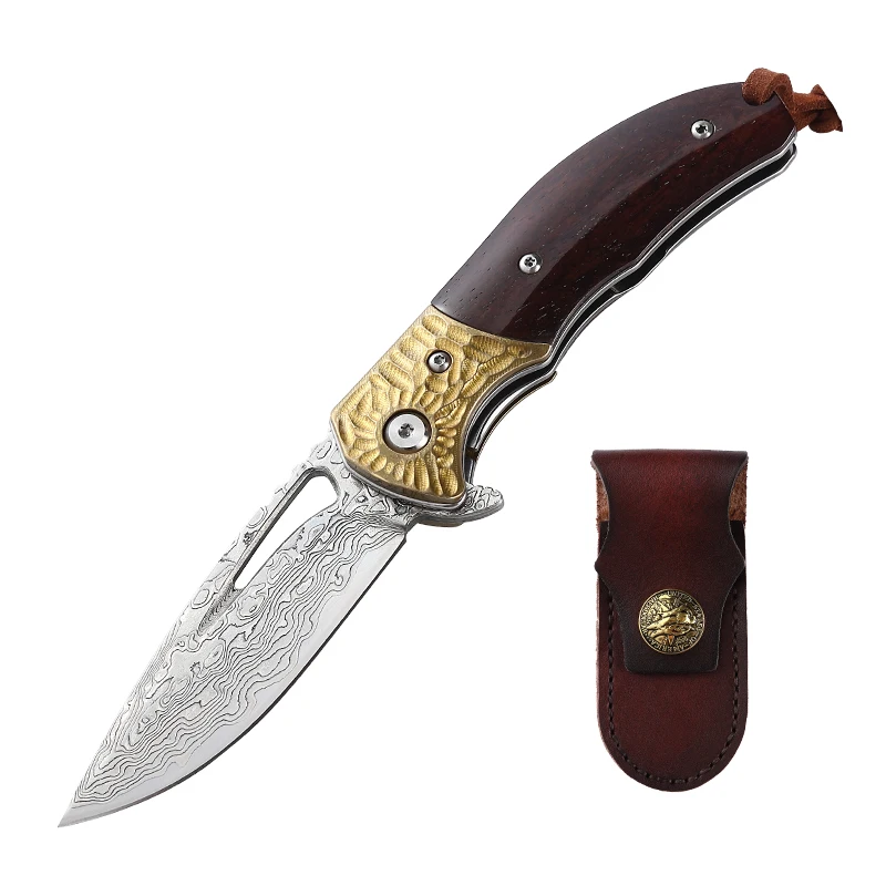 High Quality Industrial Grade Damascus Sandalwood Handle Folding Knife Shop Owner Recommended for Hunting Survival Outdoor Use