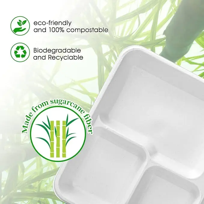 Biodegradable Rectangular Food Tray Supermarket Meat Tray Eco-Friendly Plates for Buffet and Party Bagasse School Lunch Tray