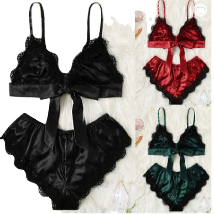 Womens 2 Piece Set Satin Lace Bra And Panty Sexy Lingerie Sets