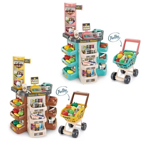 Hot Selling Kids Simulation Supermarket Cash Register And Cart Game Play House Toy With Scanner Pos Machine And Sound Light