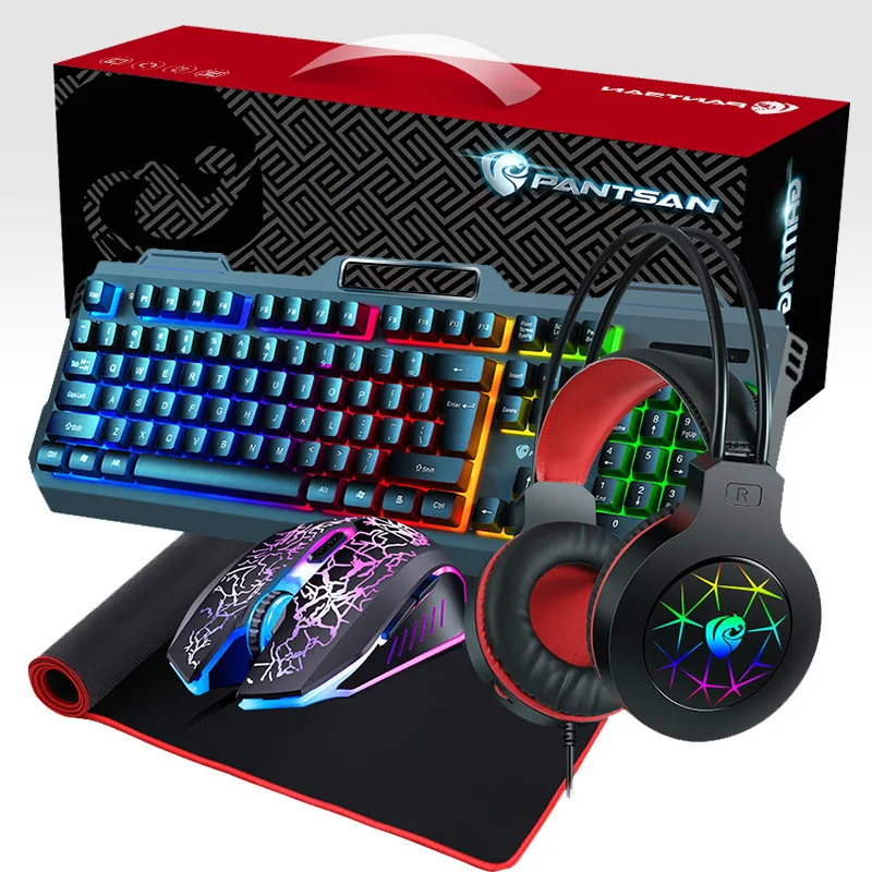 Metal panel with backlit wired keyboard mouse headset mouse pad four-piece office game set 4 in 1 mechanical keyboard