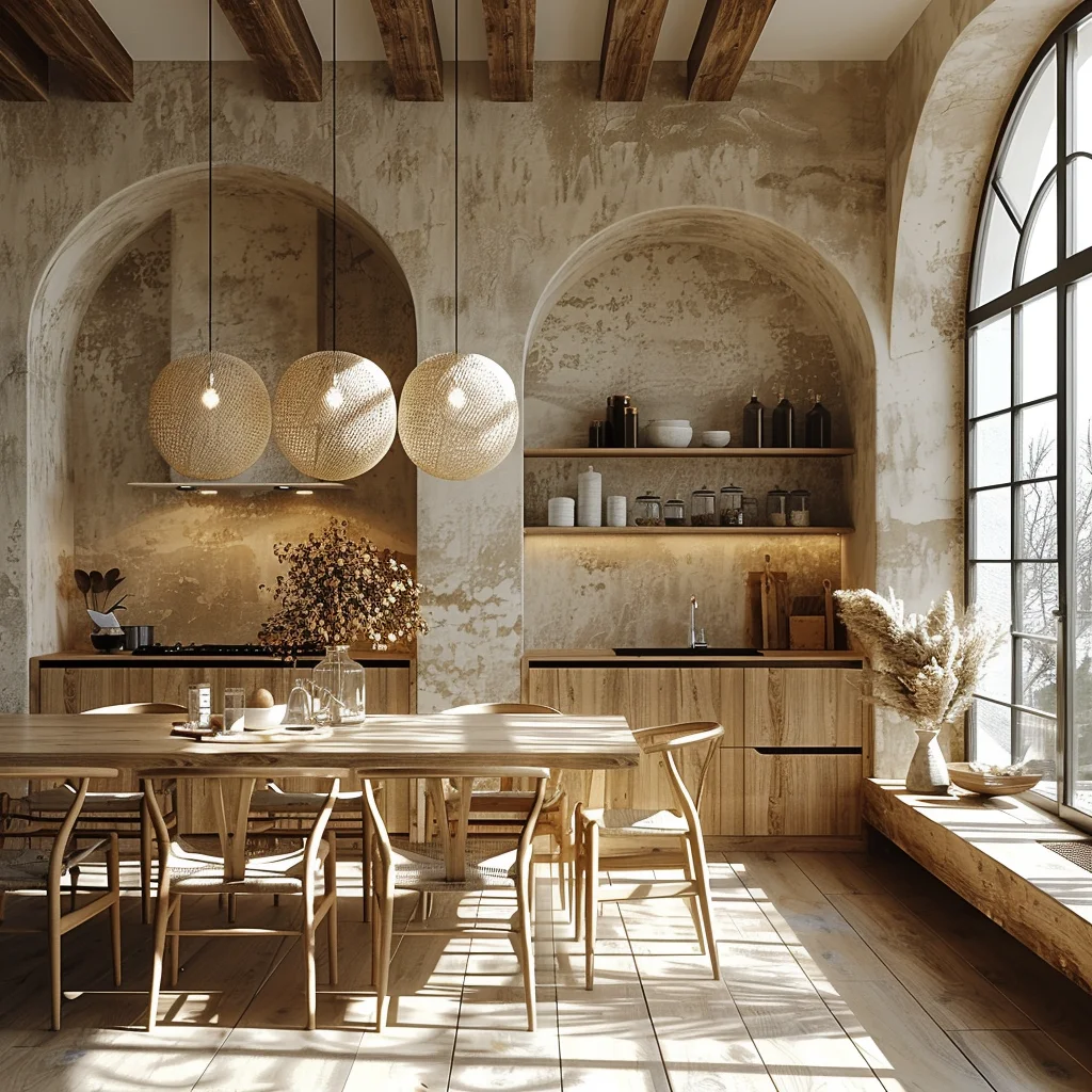 AI креативная концепция Nordic count Kitchen Space деревянная мебель и каменное искусство архитектурные бежевые тона услуги 3D рендеринга