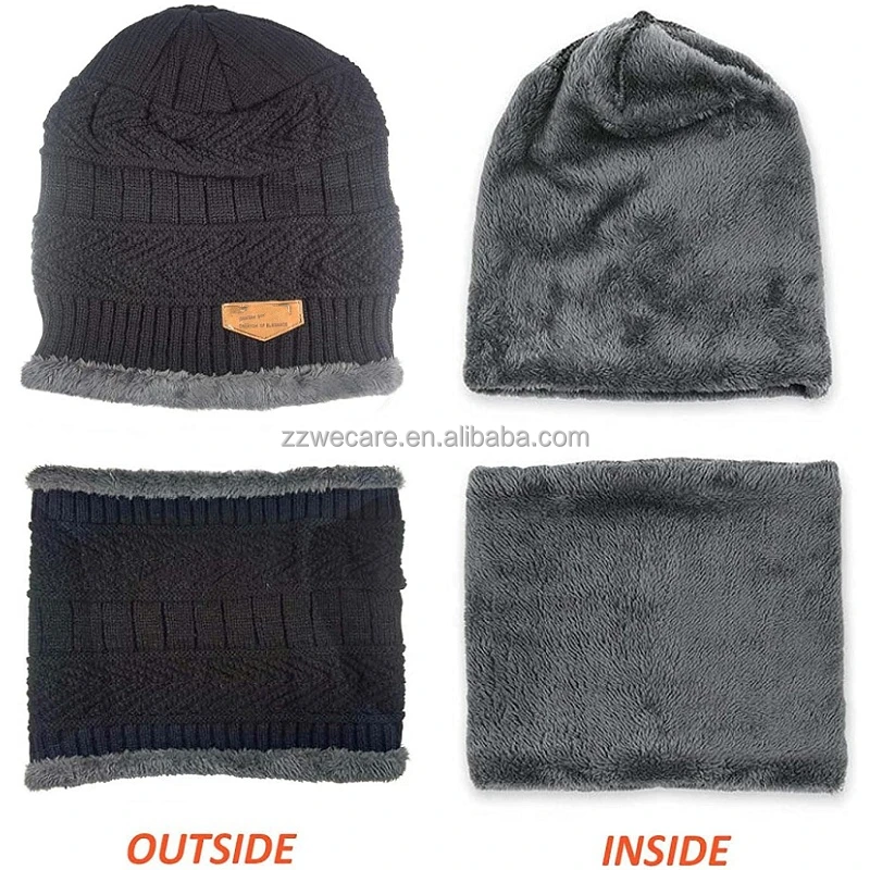 Winter Warm Soft Knitted Velvet Skullies Beanies Hats Scarves Gloves Set for Women Men