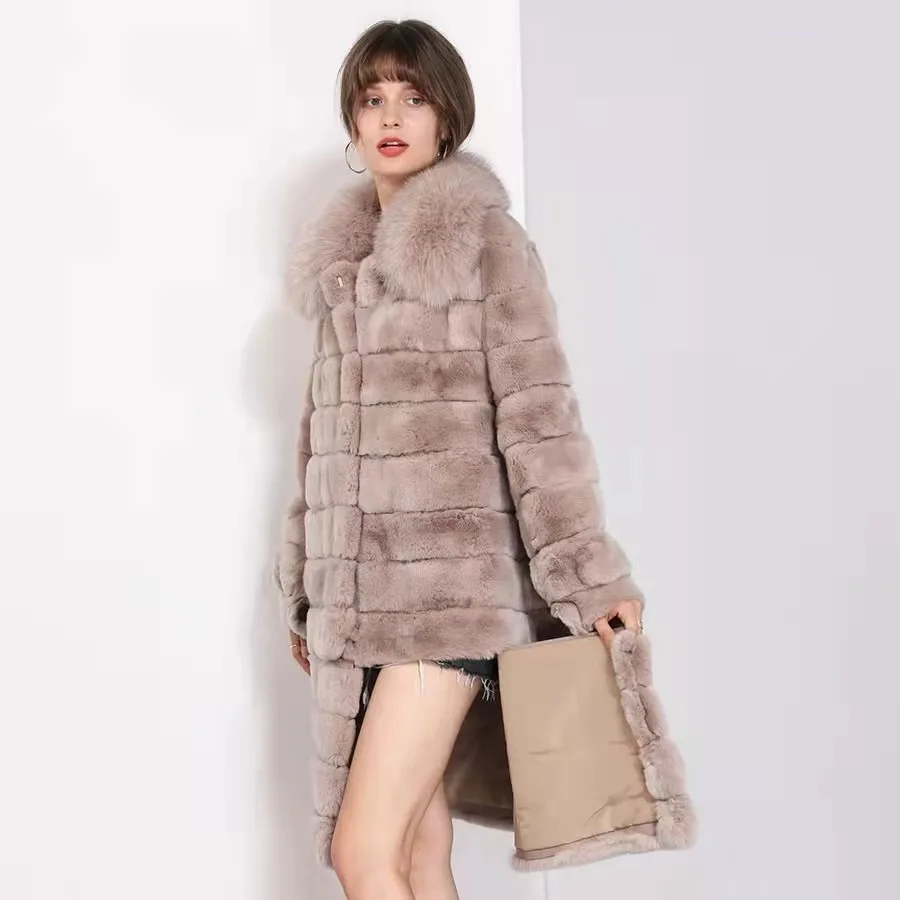 Luxury    Women  Genuine  Rabbit    fur  coat    Fashion   Winter fur  coat    with  fox  collar