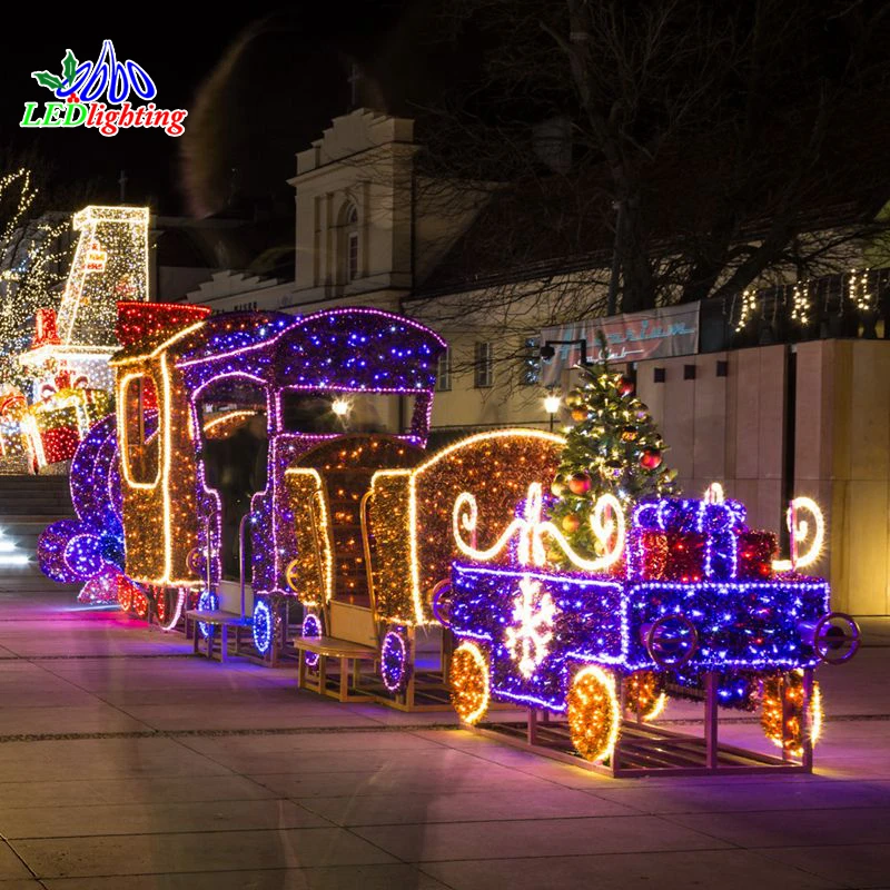 Outdoor 3D walk in large train Christmas light sculpture for commercial grade Christmas light show display