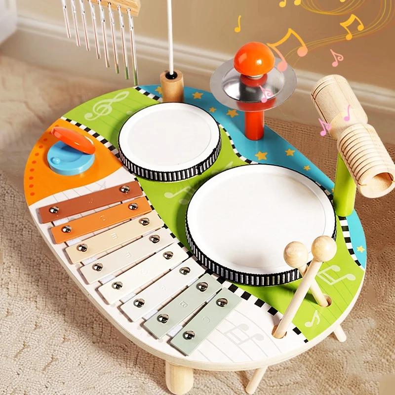 Hot Selling Design MultiFunctional Wooden Percussion Music Instrument Sets Montessori Educational Pretend Music Platform Toys