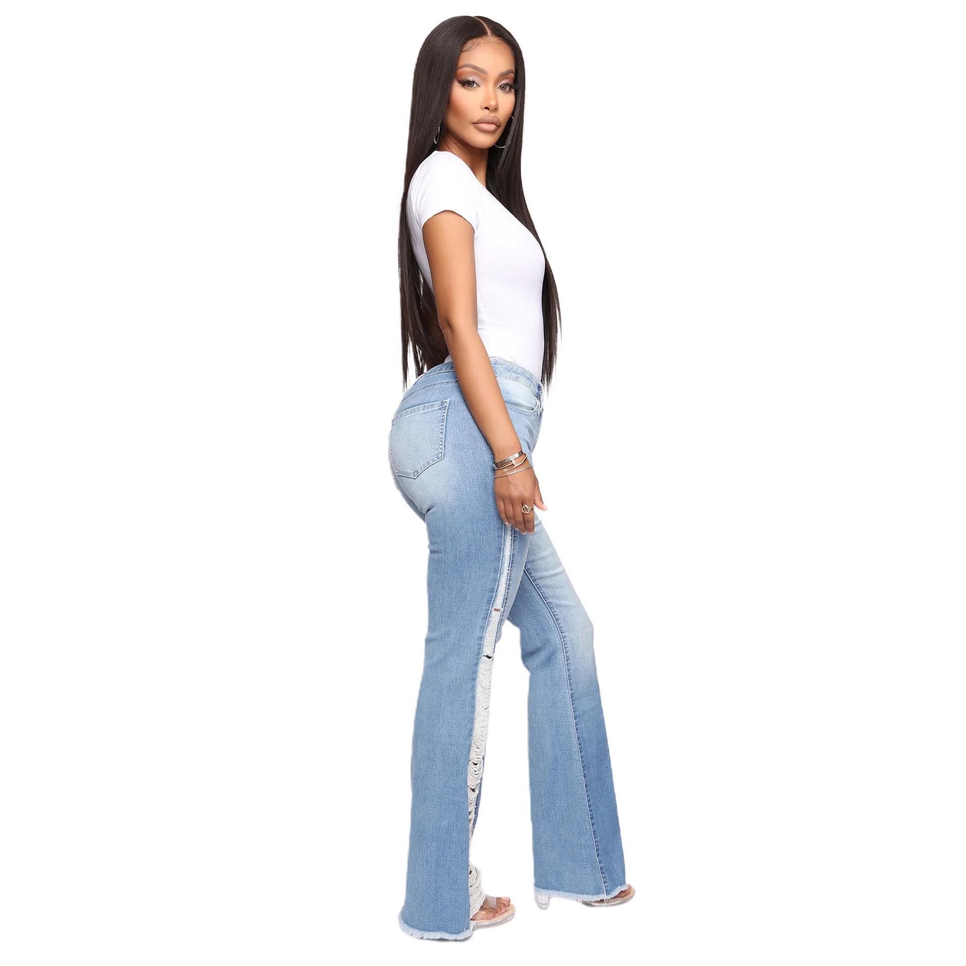 Ladies Plus Size Slim Fit Pants Stretch High Waist Fringe Lady Pants Ladies Denim Jeans Femme Pants Skinny ripped jeans women