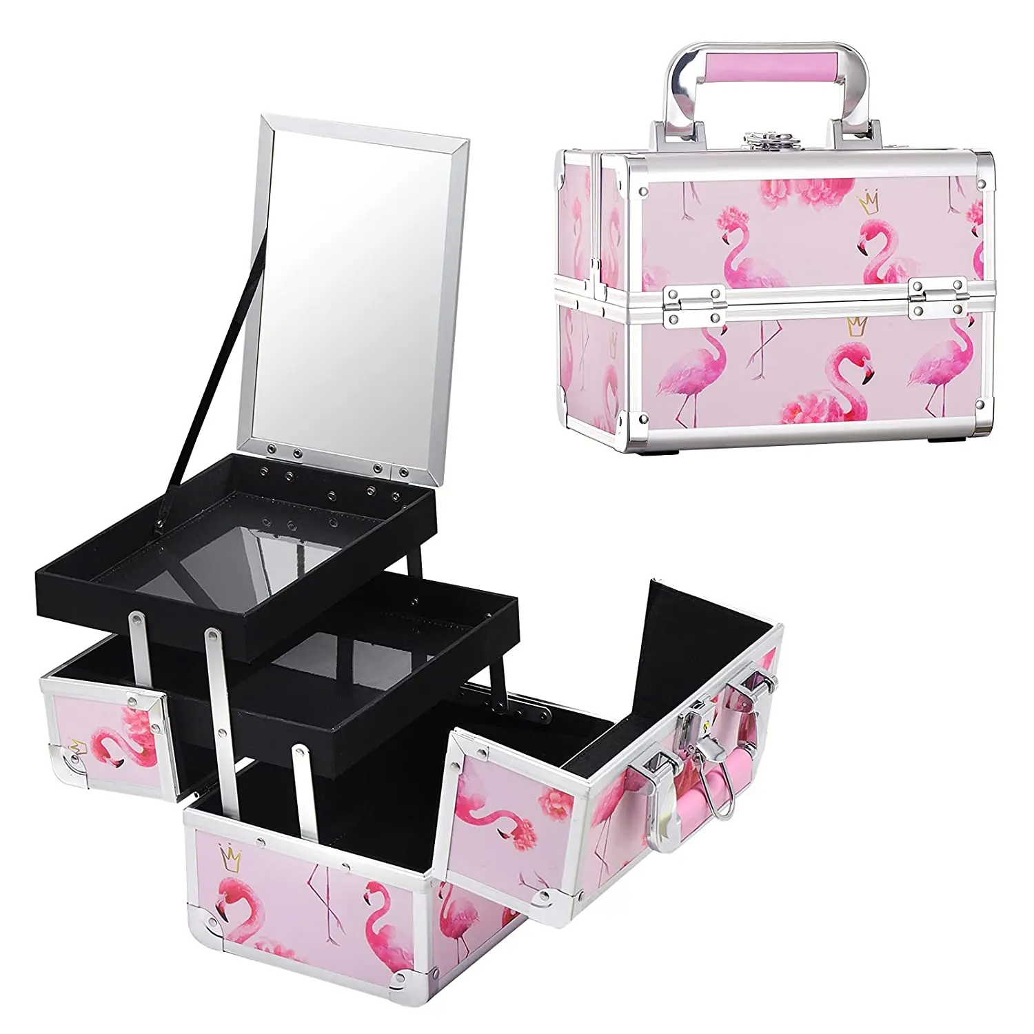 King Lion Aluminum Cosmetic Case with Keys Lockable Jewelry Organizer Makeup Train Box
