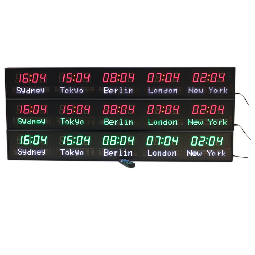 Large digital alpha-numeric led clock  world time zone