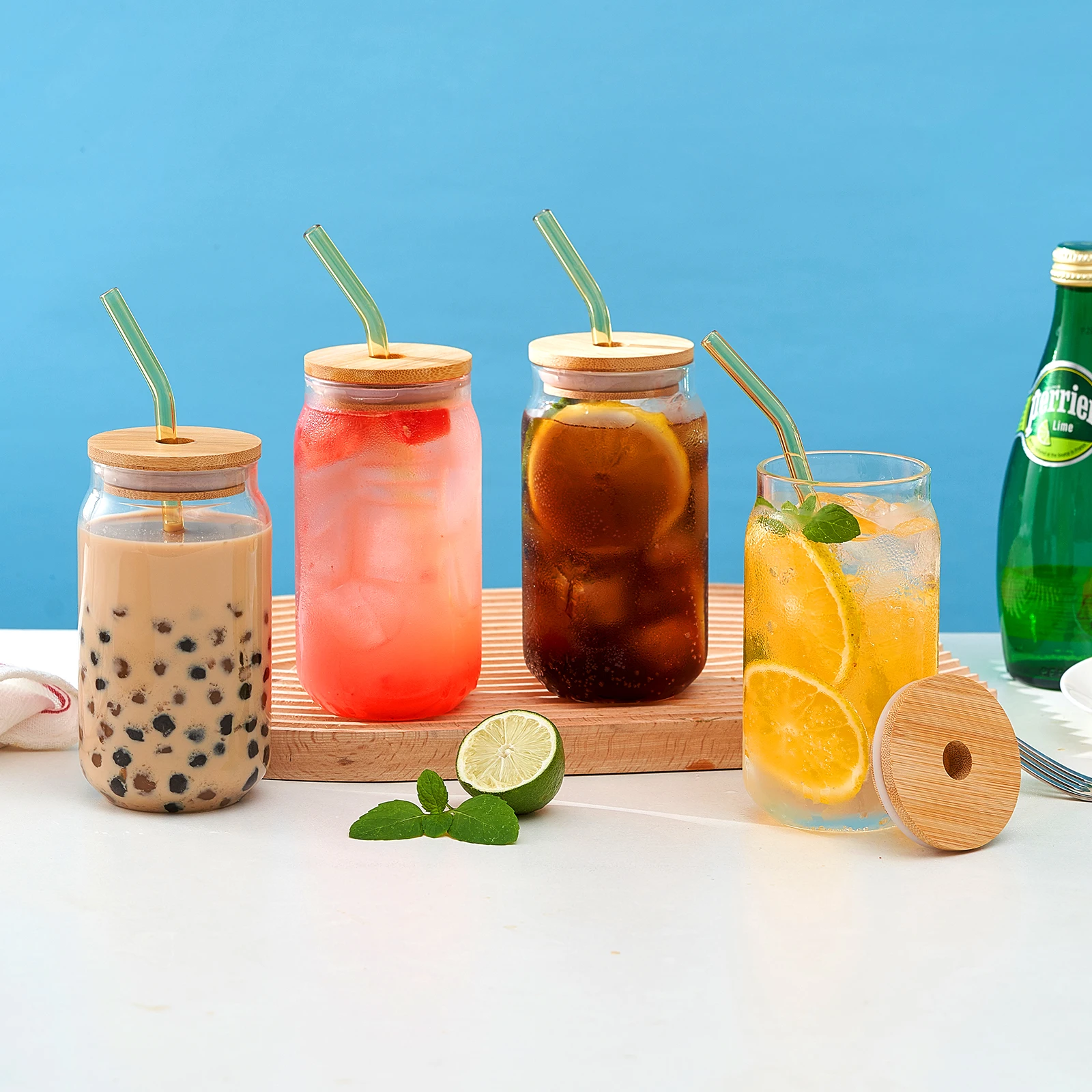 2024 Best Selling Beer Can Shaped Glass Tumbler Beer Can Glass Cup Jar Glass Bottle Beer Juice Drinks Ring Pull Caps