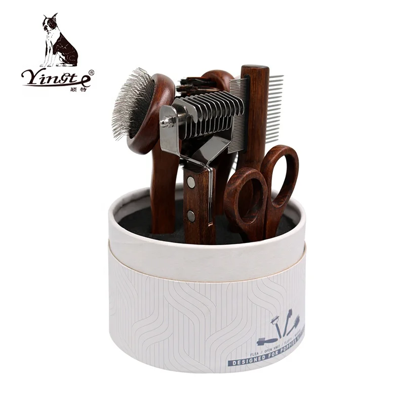 
Factory Wholesale 5 In 1 Wooden Handle Pet Grooming Brush Set Pet Dog Grooming Kit 