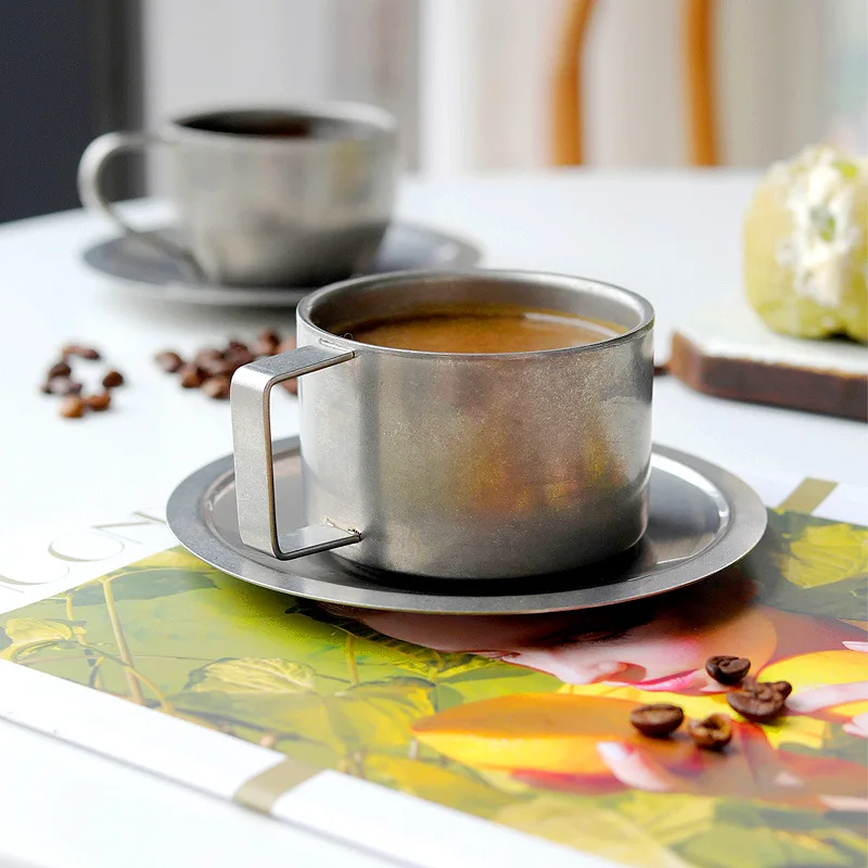Snowflake Retro frosted coffee cups and saucers original made 304 stainless steel Japanese Industrial style metal cup set