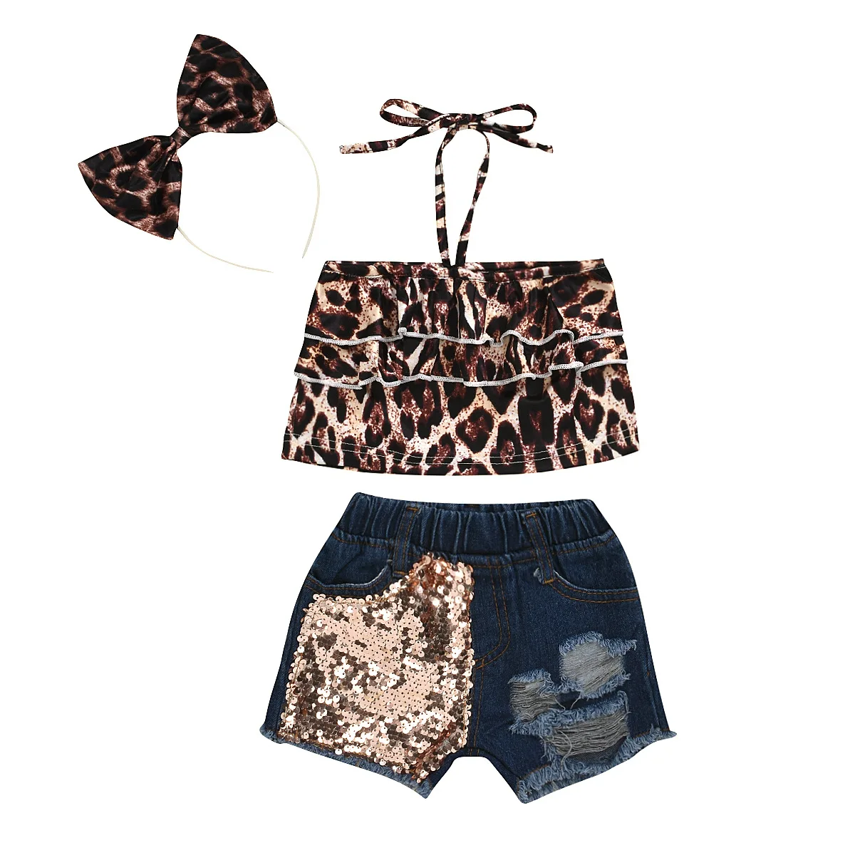 
2021 leopard print stretch multi layered top woven denim shorts sequins three pieces set baby girl baby clothes for summer 