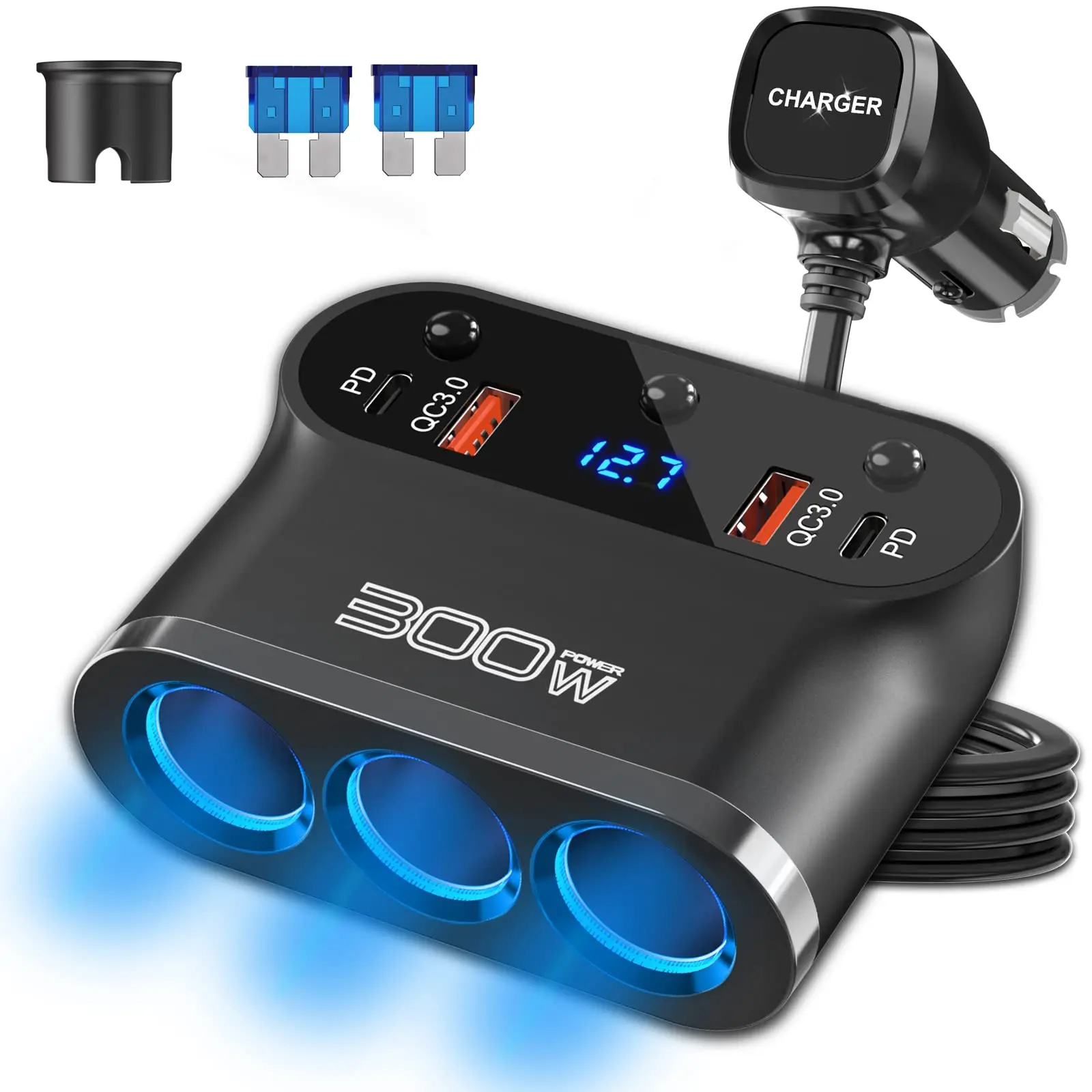 C12 Car Plug with LED Voltage Separate Switch 7 in 1 Cigarette Lighter Adapter Splitter 300W 3 Socket Car Charger Extensions