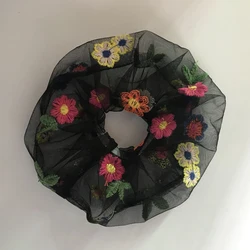 Hot Selling INS Vintage Mesh Flower Embroidery Large Hair Tie Designer Hair Scrunchies For Girls