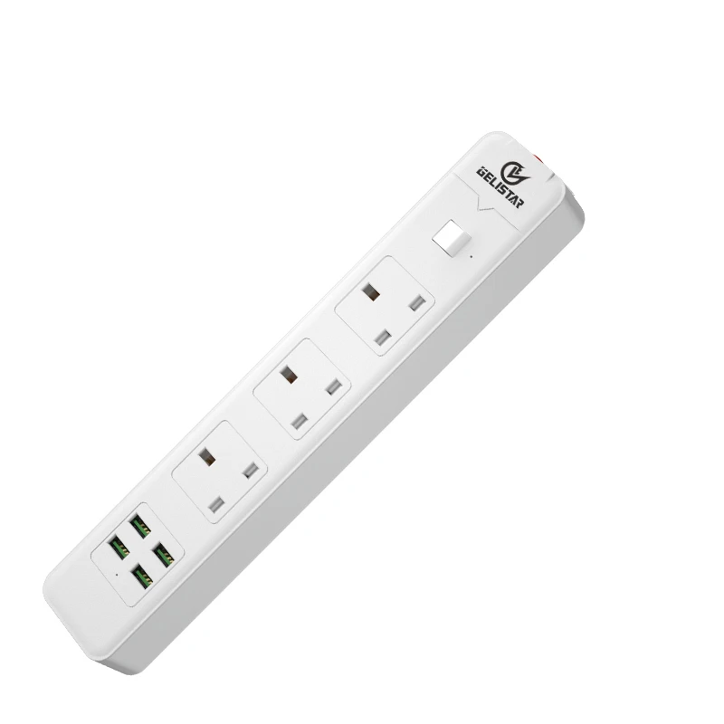 High quality 4 way 3m white extension socket uk surge protector power strip plug with 4 usb port