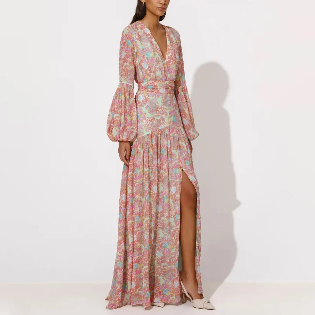 Customization Women Casual Chiffon V-neck High Split Floral Print Long Sleeve Maxi Dress