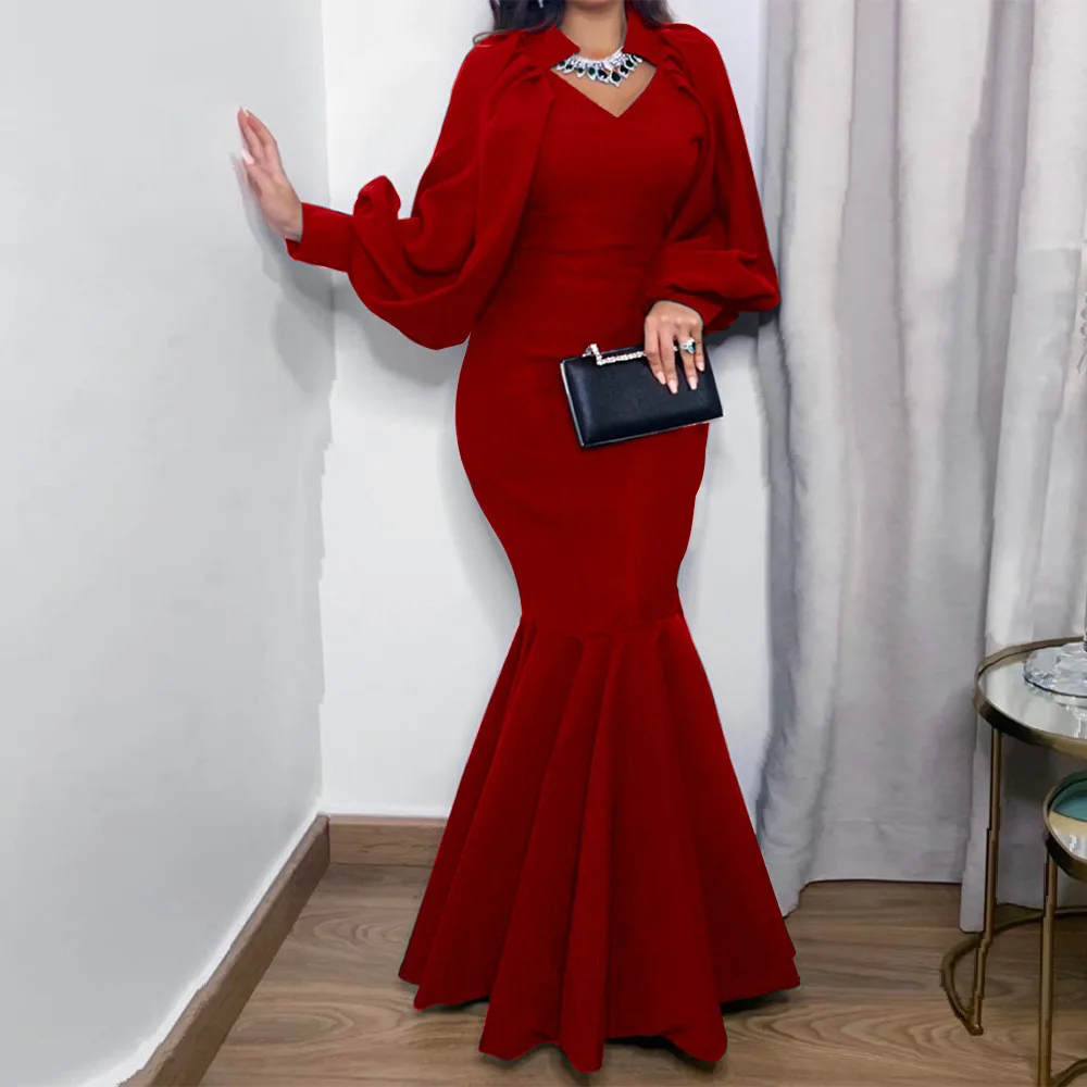 New style long women elegant fishtail dress solid color V neck lantern sleeve red carpet gown evening dresses
