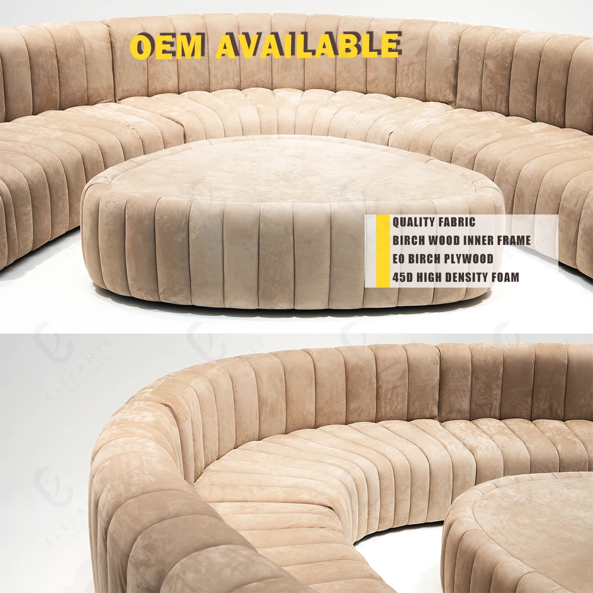 Extra Large Media Room Half Round Sofa Sectional Suede Fabric Memory High Density Foam Curved Sofa