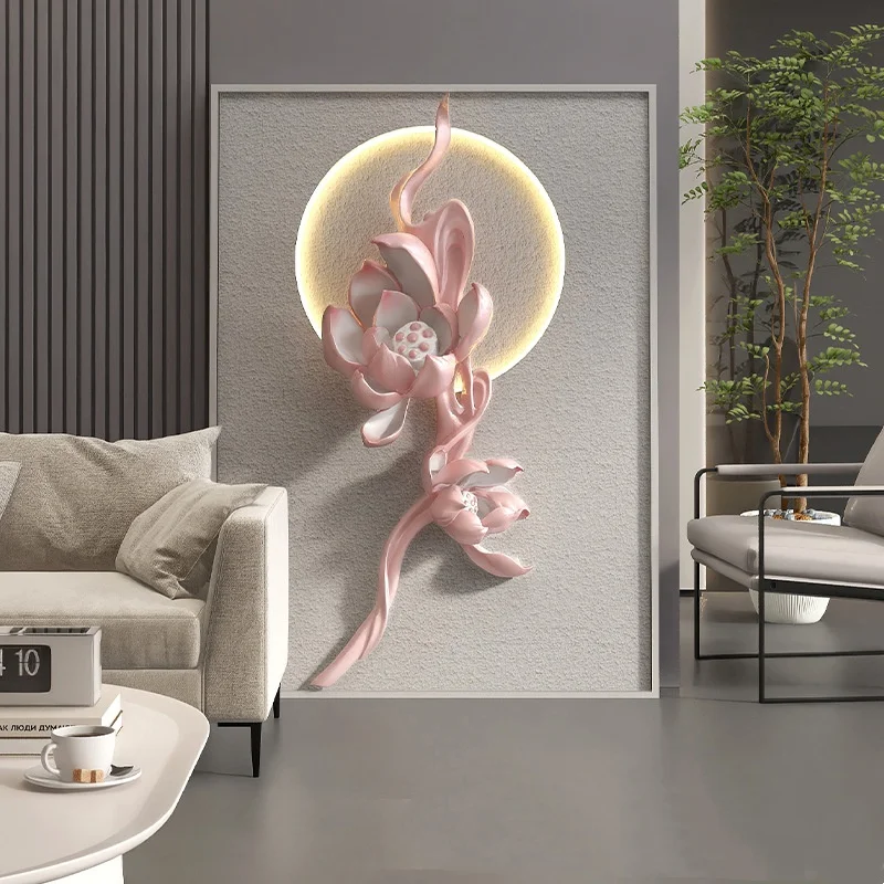 Modern Light Luxury Lotus Decorative Painting Three-Dimensional Relief Atmosphere Lamp Hotel Lobby Porch Hanging Paintings