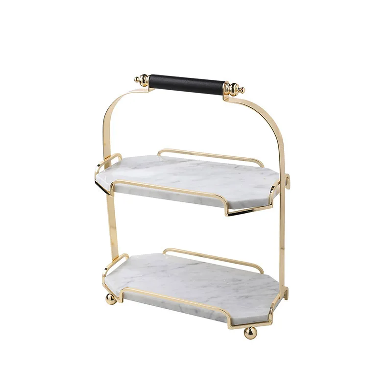 Decorative Vanity Round Marble 2 Tier Serving Tray with Handles