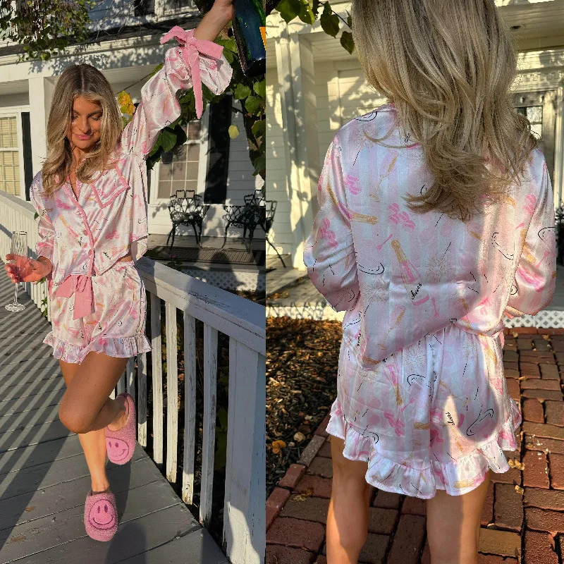 Loveda Manufacturer New Long Sleeve Hot Pink Shirt LoungeWear Custom Satin Printed 2 Pieces Shorts Pajamas Set With Ribbon