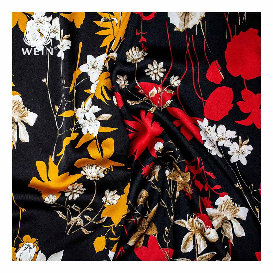 WI-E03 Guaranteed quality  Stretch  big flowers Stretch satin fabric for ladies dress