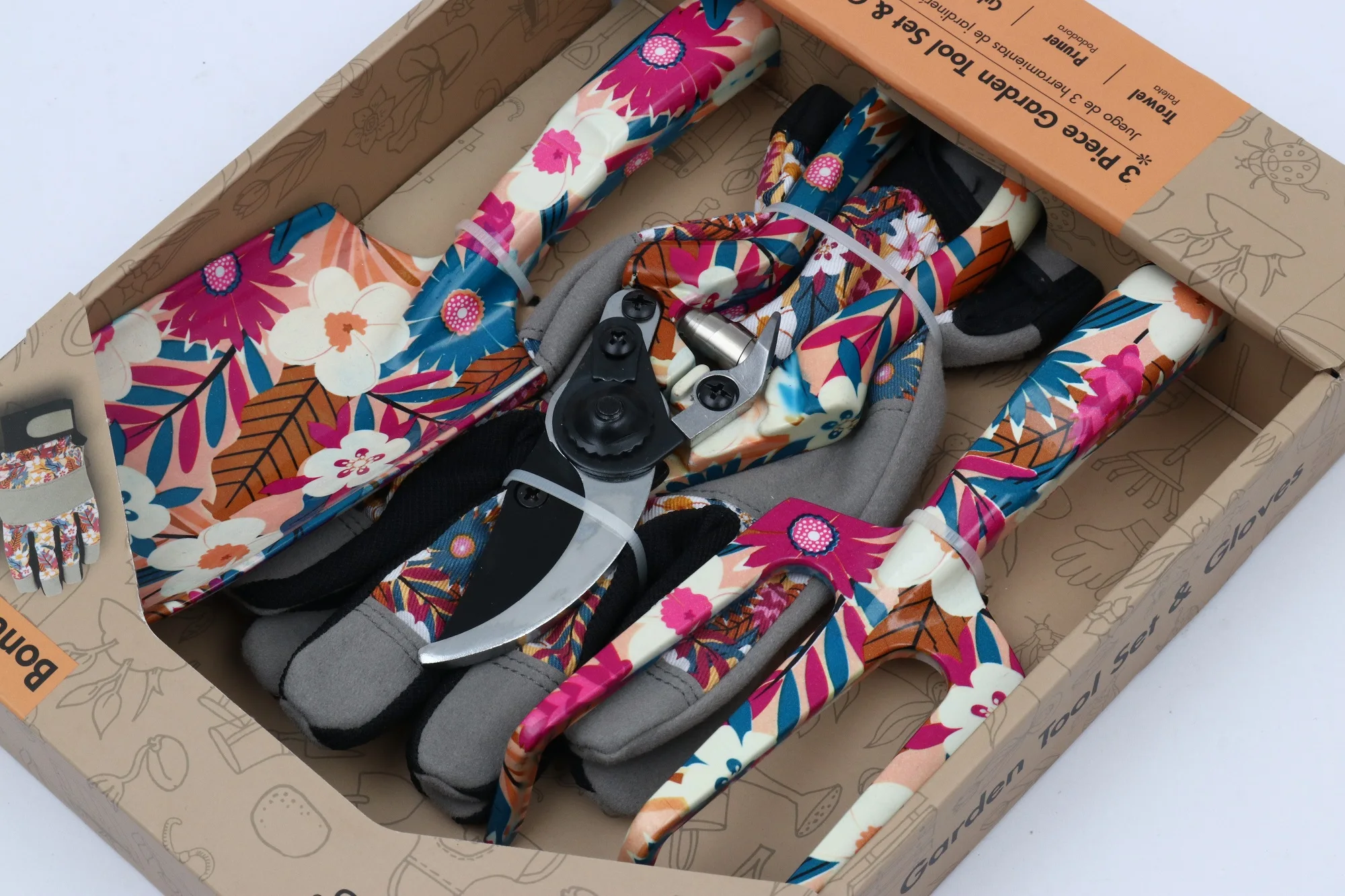 Customized Printed 4pcs Garden Hand Pruning Digging Tools Kit Set Mini shovel Rake Scissors Gloves For Gardening Working