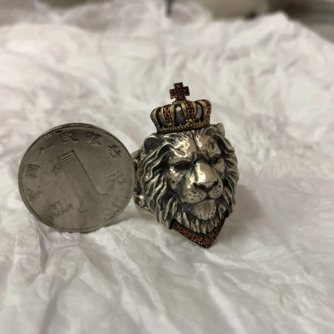 Винтажное кольцо с головой льва мужское открытым крестом корона король Симба