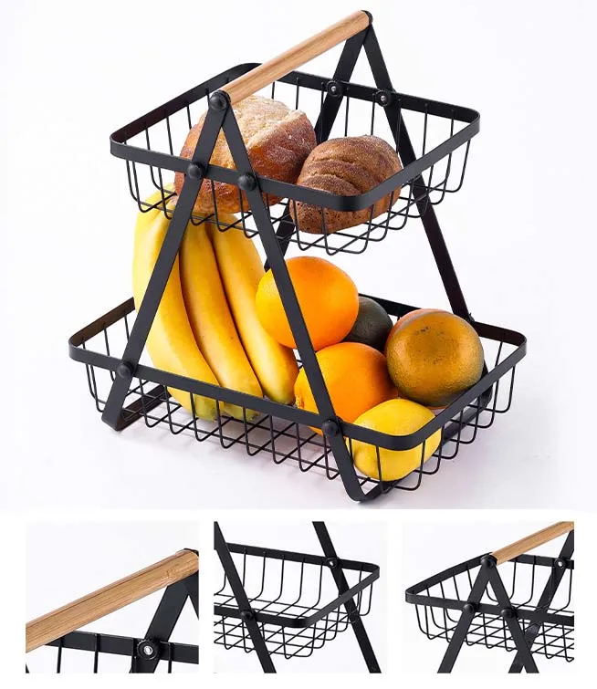 Low moq Hotselling 2-Tier Serving Tray Metal Storage Basket with Wood Handles for Fruit and vegetable