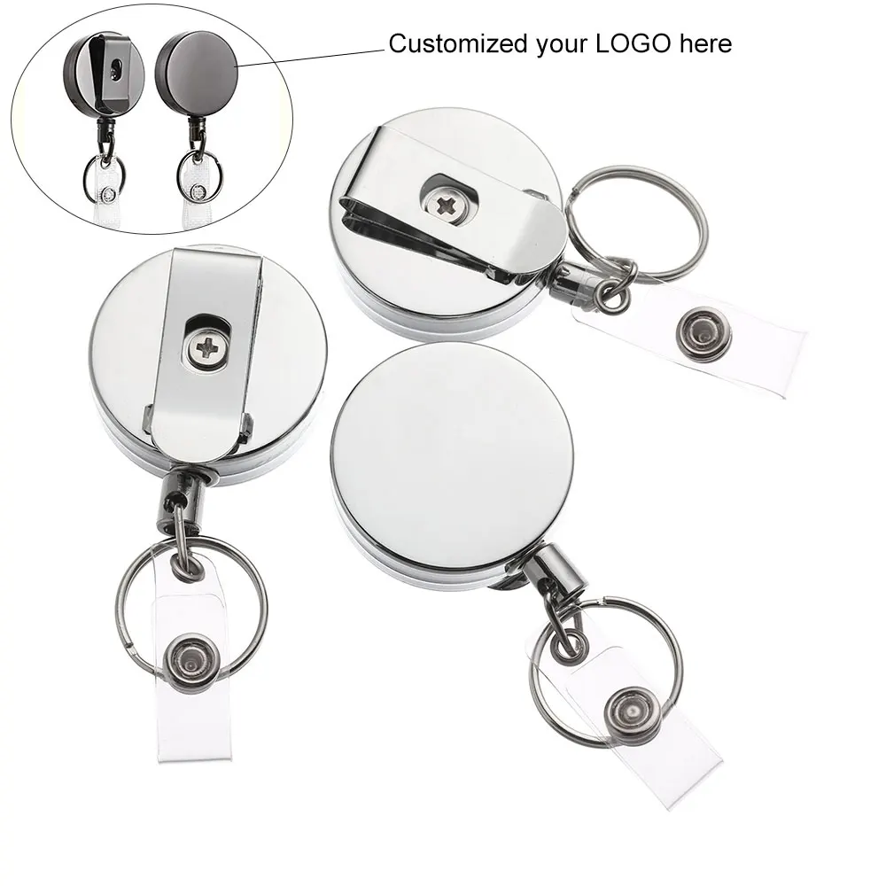 Custom logo Stainless Steel key fob retrackable keychain retractable Badge reel Name ID badge holder with Belt Clip