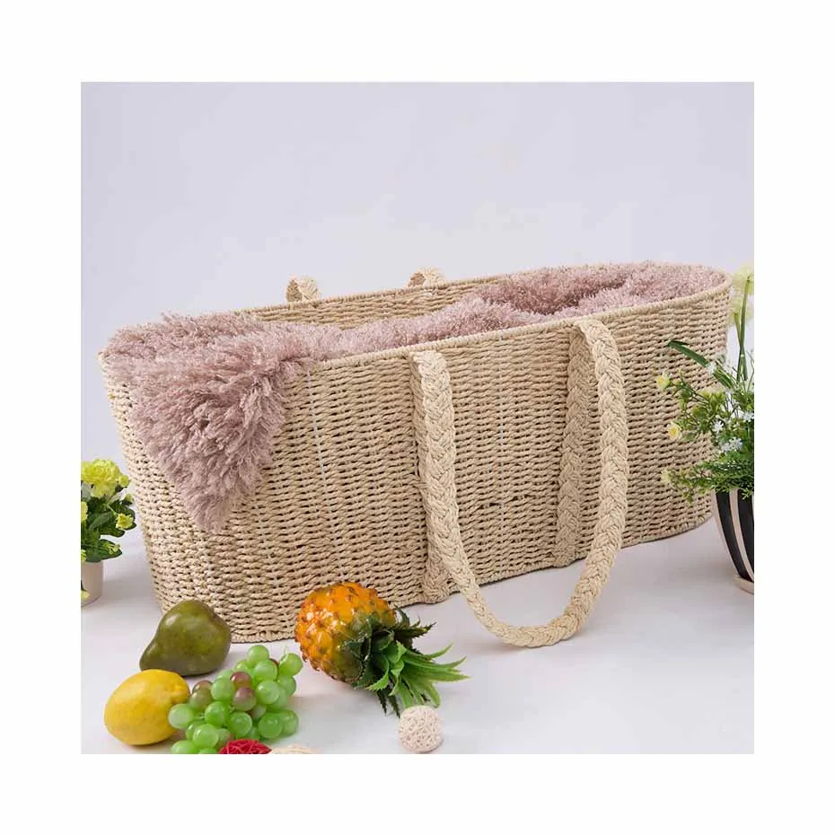  HuangTu Natural Korb Seagrass Woven Cover Baby Moses Changing Wicker Cotton Storage