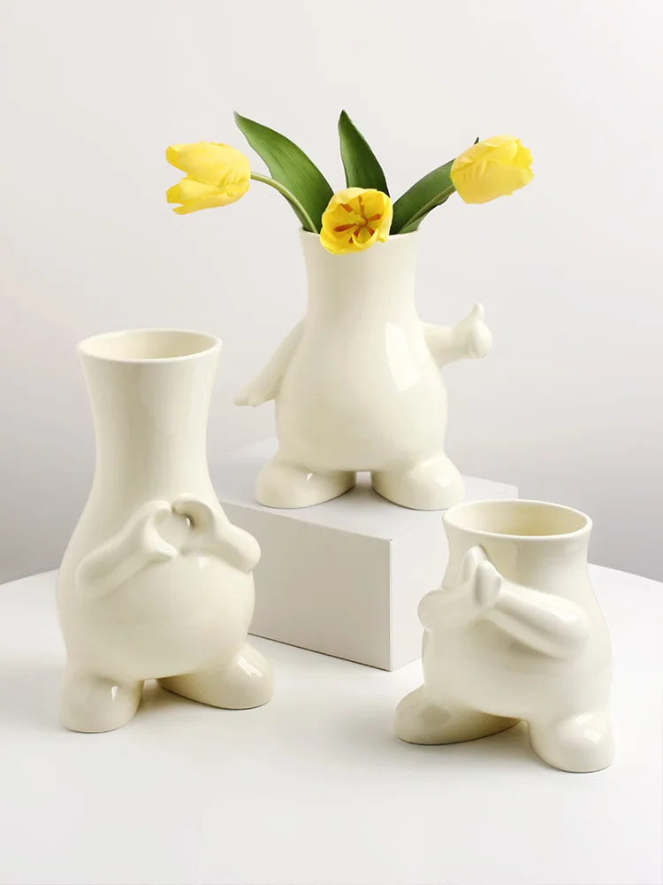 Ceramic vase custom fun ins cream wind vase ornament living room dining table TV cabinet decorative cartoon florist
