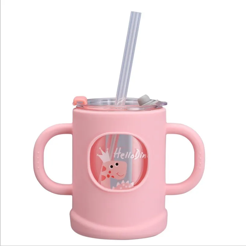 New style 300ml baby Water Straw Drinking feeding hand free wide mouth babies bottle holder Silicone Leakproof With Handles