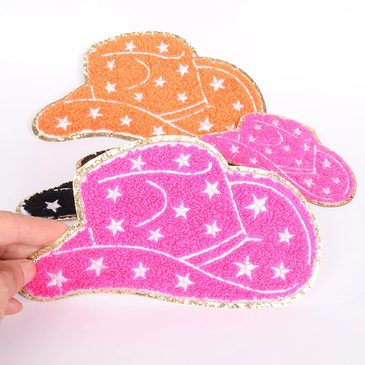 2022 Wholesale hot embroidery iron on patches big heat press gold glitter star cow boy hat shaped chenille patches for clothing