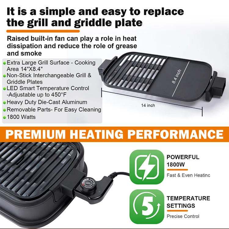 Built-in Fan Non-Smoke 1800W BBQ Grill with Double Protection Function