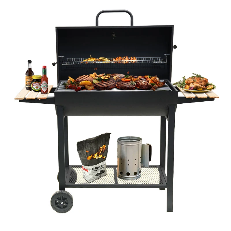 Outdoor Garden Trolley Barbecue Meat Barrel Drum Charcoal Bbq Smoker Grill With Side Table