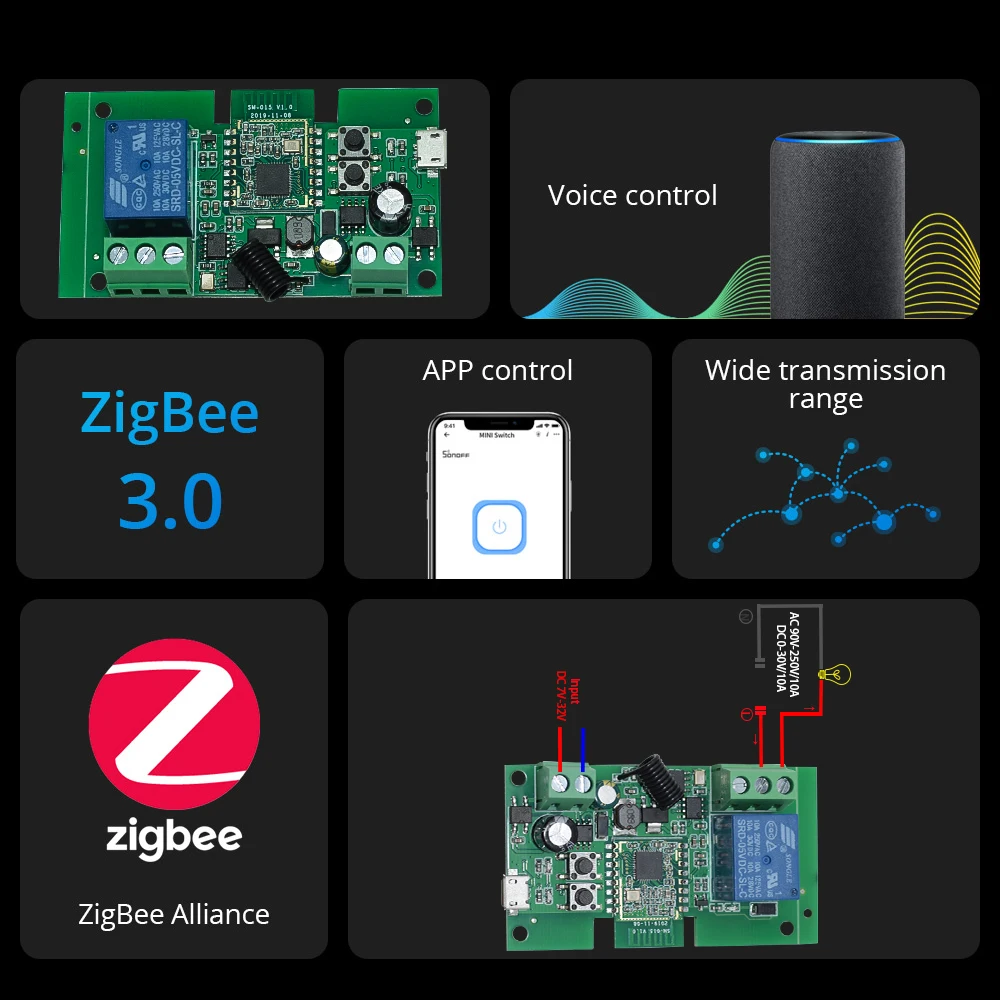 Tuya Zigbee Smart Home Switch Module 1CH Relay Controller 12V 24V 7-32V 10A Relays Work With Alexa Google Assistant Smart Life