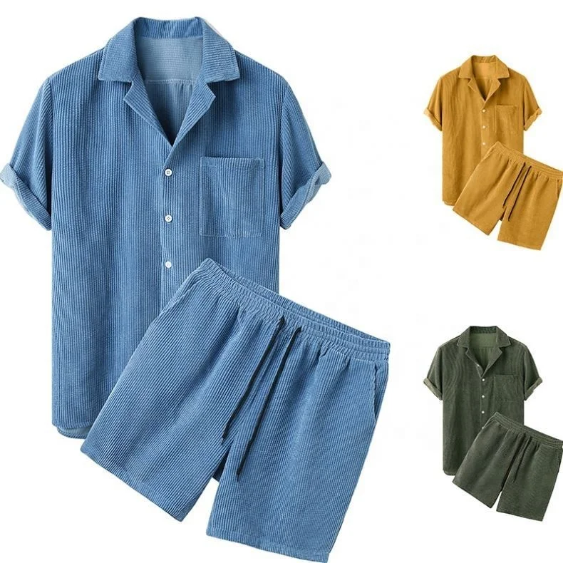 2022 Custom Logo Solid Color Men 2 Piece Short Set Corduroy Summer Shirt