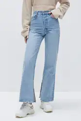 China Factory Wholesale Women Mid Rise Belt Loops vintage Light wash Straight Leg Jeans