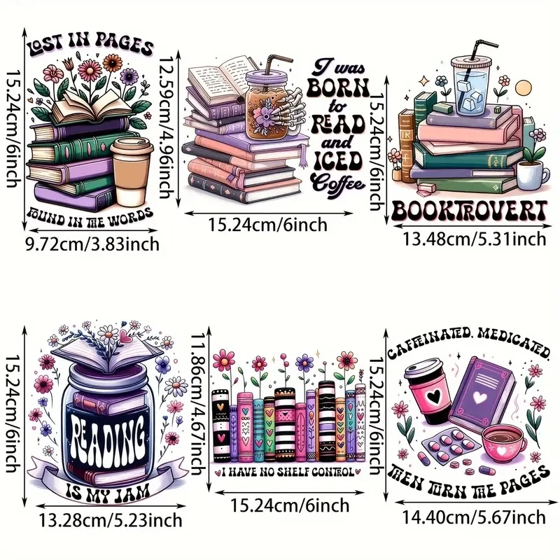 6pcs Book Theme Heat Transfer Sticker Set Iron-on Transfers T-Shirt Making Pillow Decorating Clothing for Customized Fashion